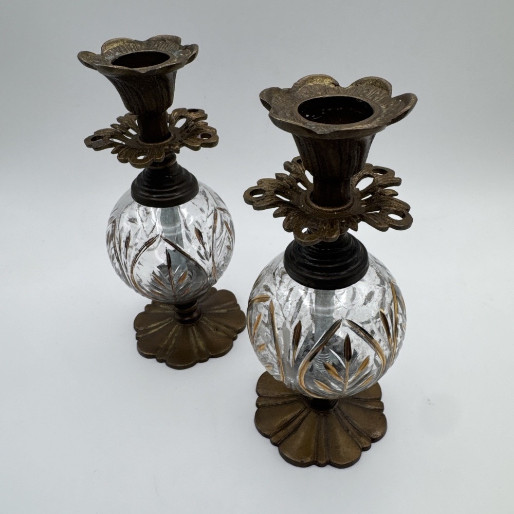 Vintage Candle Holders Set Pair Brass Glass Gilded Ornate Scalloped Midcentury